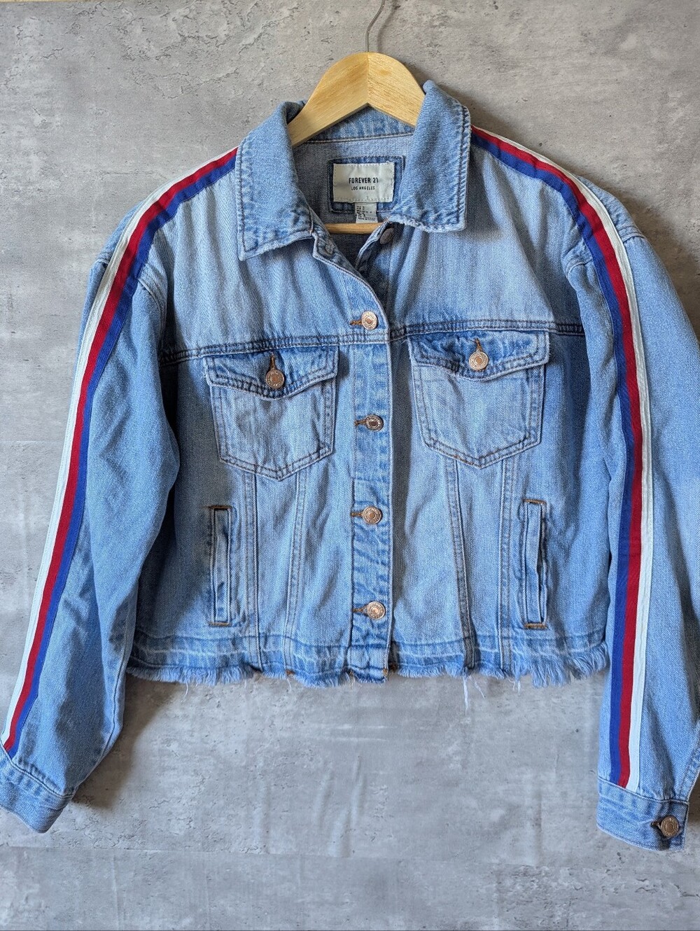 Forever 21 Light Blue Denim Jacket with Red & Blue Stripe